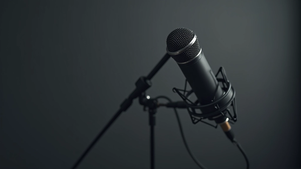 Mikrofons profesionālā studijas iestatījumā ar pelēku fonu un kvalitatīvu apgaismojumu, kas parāda audio pieraksta aprīkojumu